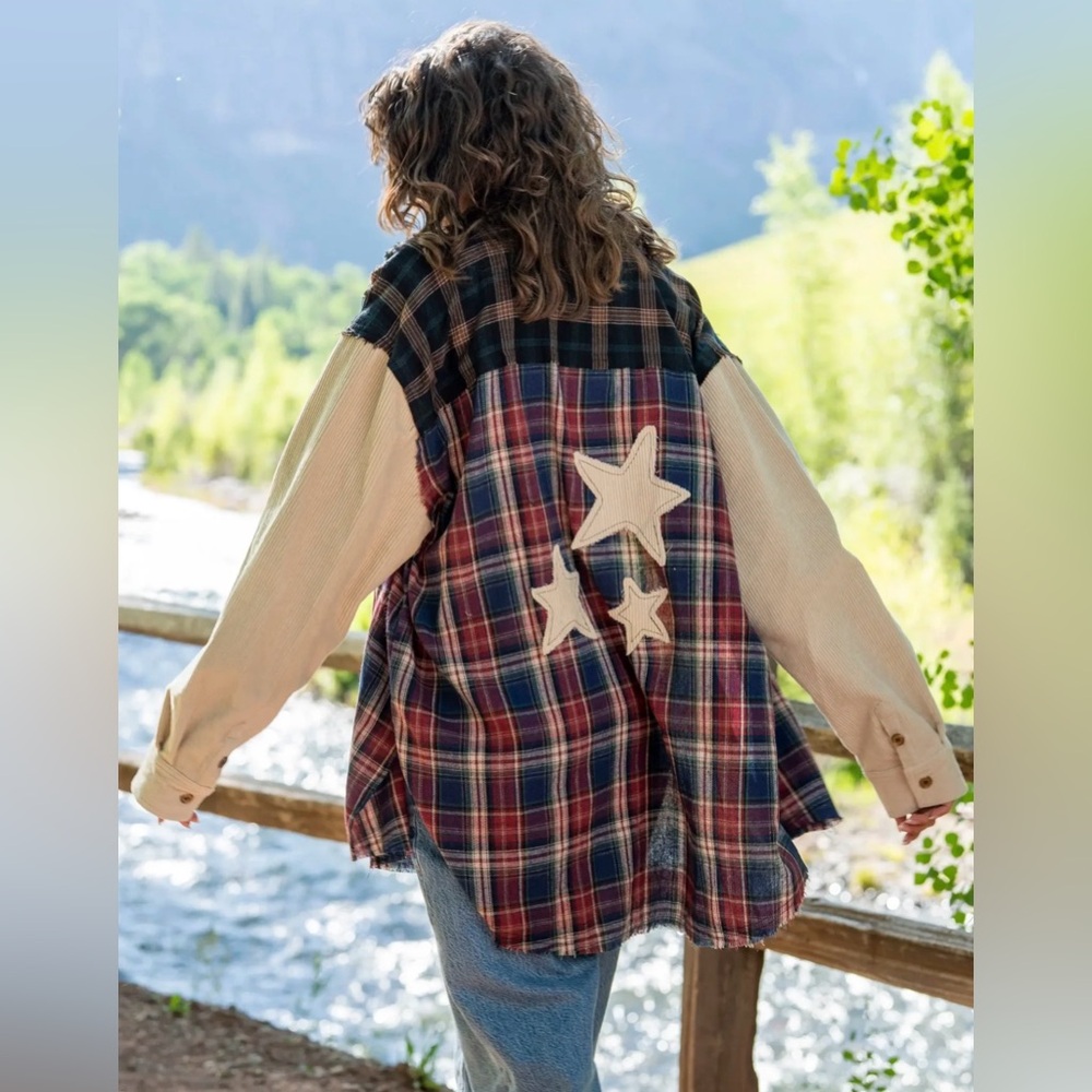 NWT Natural Life Carter Appliqué Oversized Flannel Shirt , Cream Star - Picture 1 of 8